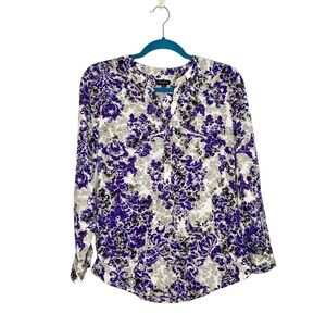 Talbots Purple Blue & Gray Floral Damask Print Popover Blouse